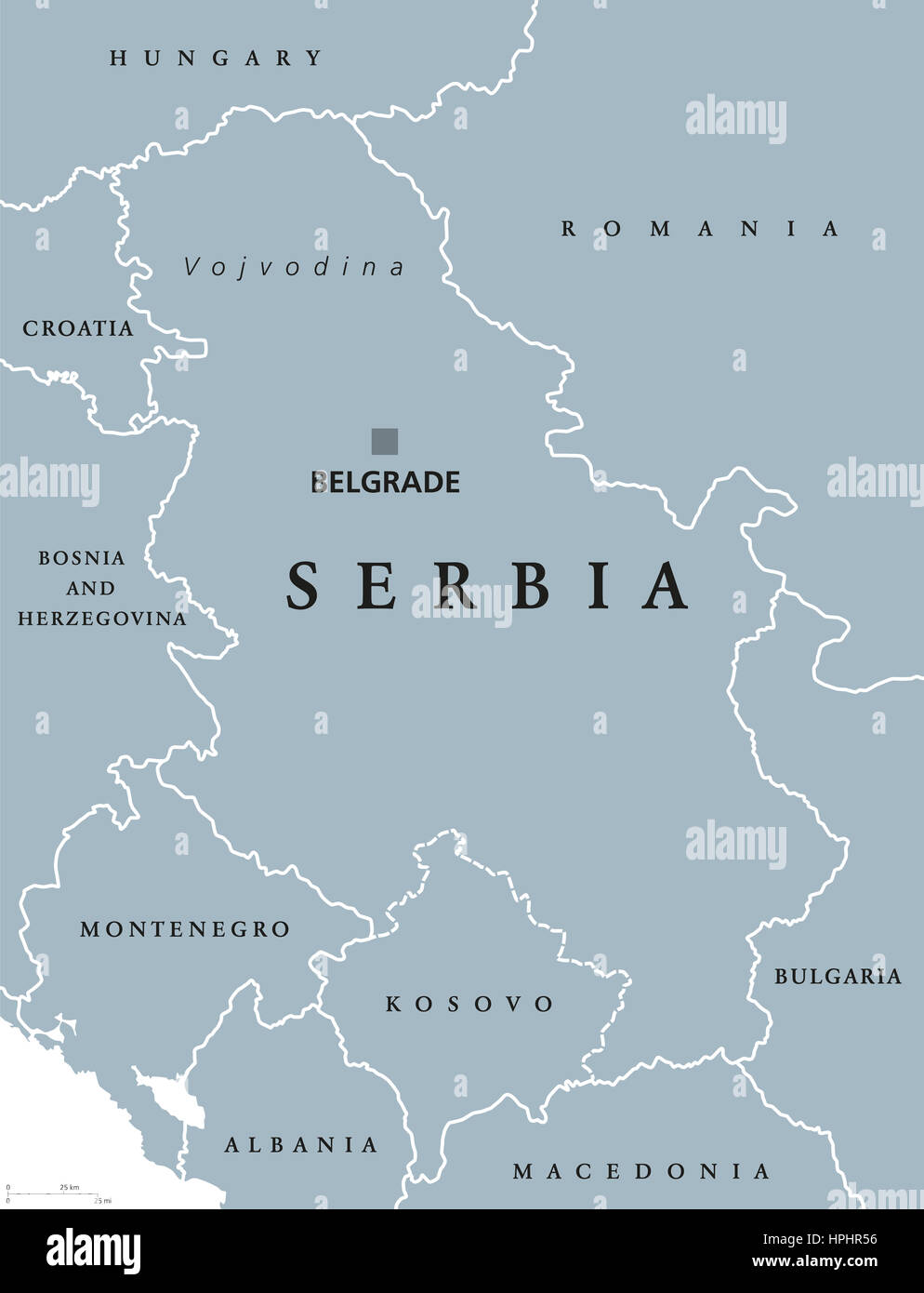 La Serbia mappa politico con capitale Belgrado e paesi vicini. Repubblica in Europa sud-orientale situato sulla penisola balcanica. Foto Stock