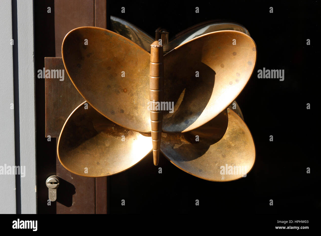 Francia, Parigi, primo piano su una maniglia per porta di un negozio che rappresenta un bronzo butterfly Foto Stock