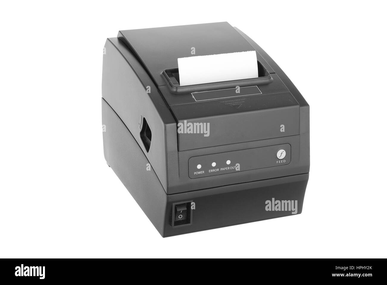 Un nero stampante portatile su sfondo bianco Foto Stock