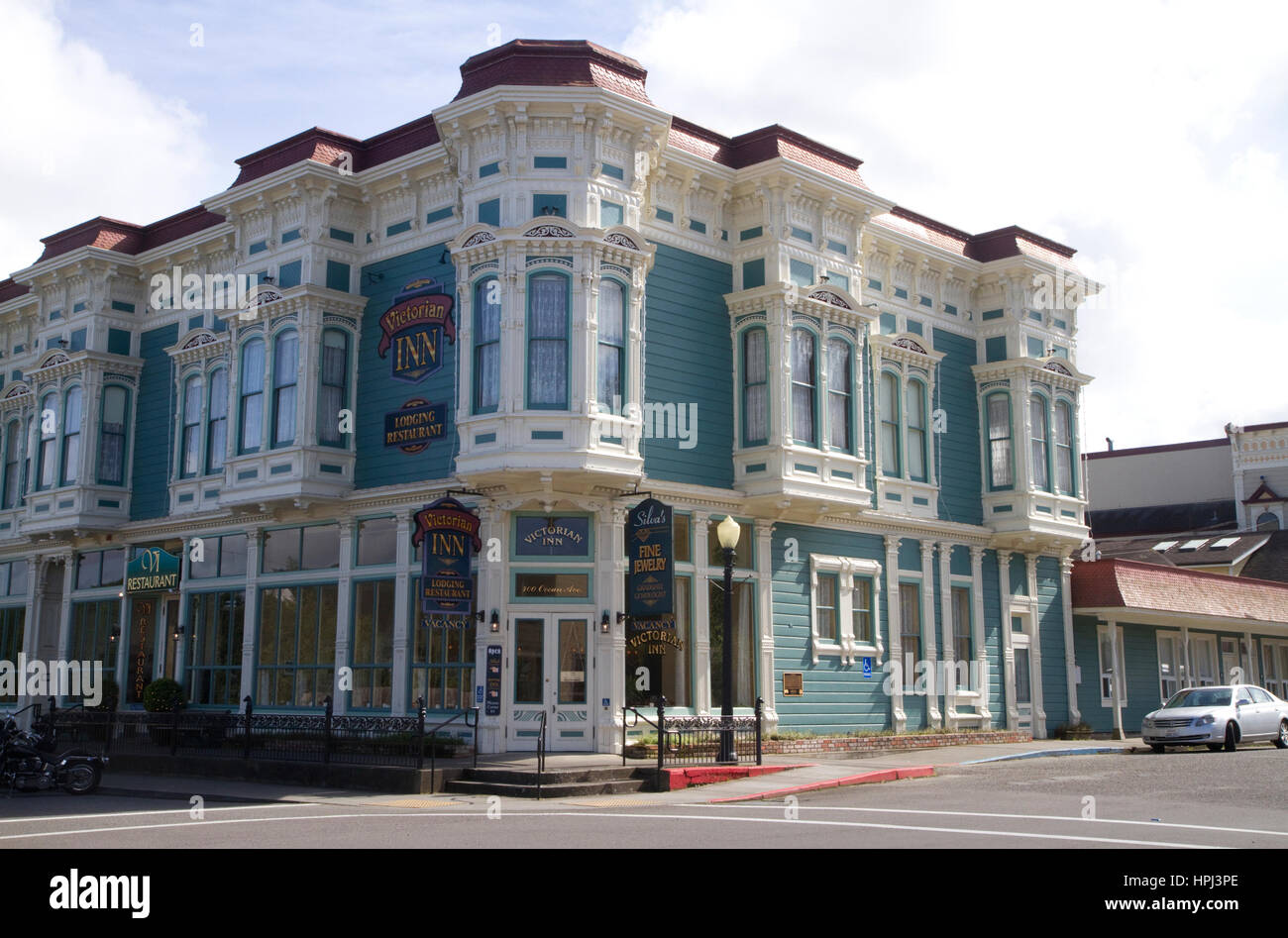 Architettura vittoriana vetrina a Ferndale, California, Stati Uniti d'America. Foto Stock