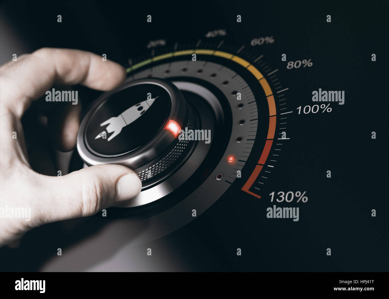 Girando a mano un pulsante a razzo con un icona per la massima accelerazione. Concetto di carriera accelerationComposite tra un'immagine e un 3D sfondo. Foto Stock