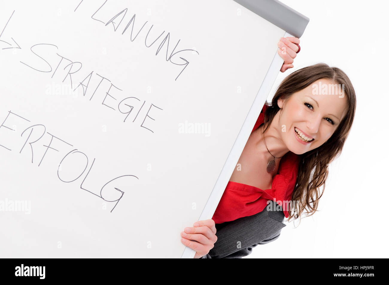 Modello rilasciato , Businessfrau mit Flip-Chart - business donna con lavagna a fogli mobili Foto Stock