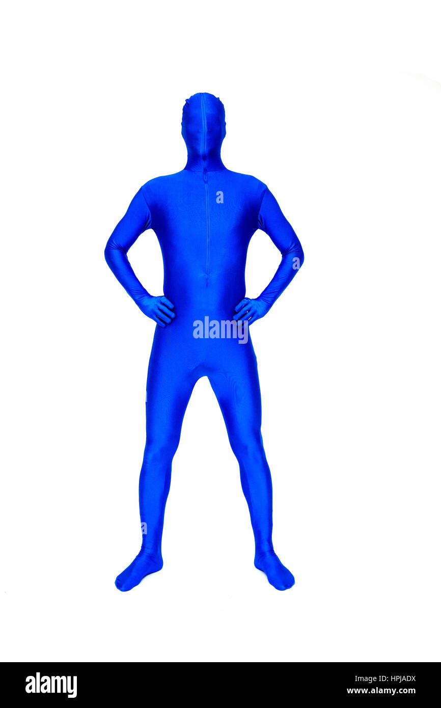 Misterioso uomo blu in morphsuit gesti con le mani Foto Stock
