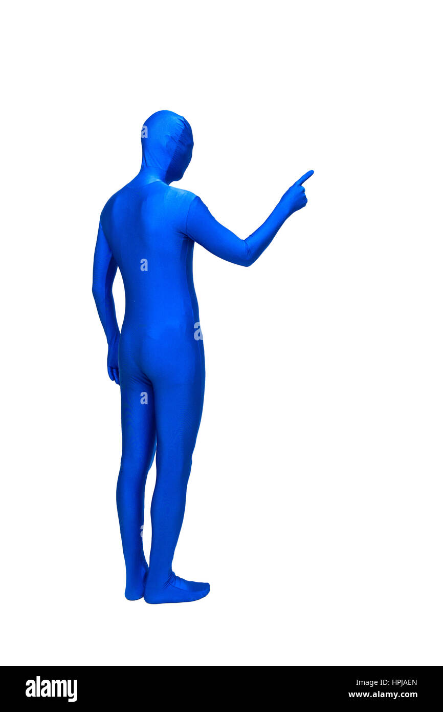 Misterioso uomo blu in morphsuit gesti con le mani Foto Stock