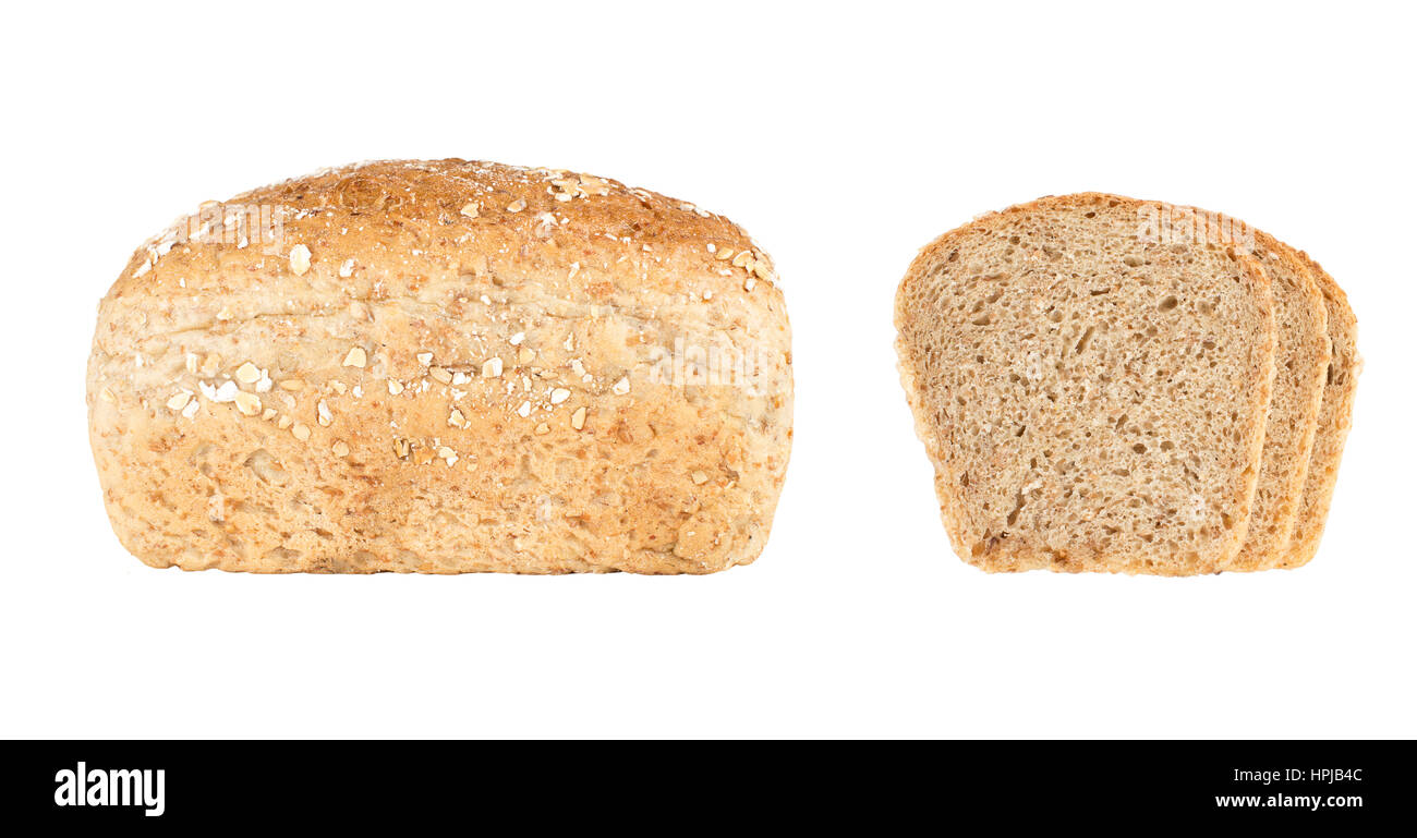 Multigrain sano pane per mangiare sano. Cibo sano il pane con fette isolato su bianco Foto Stock