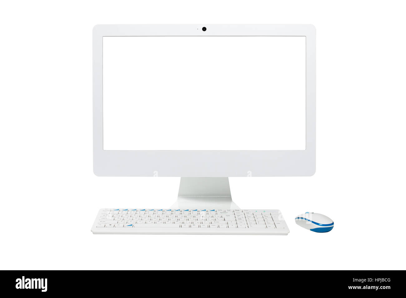 Moderno ed elegante tutto in un computer cercando come imac. Isolato su bianco con schermo vuoto e tastiera e mouse Foto Stock