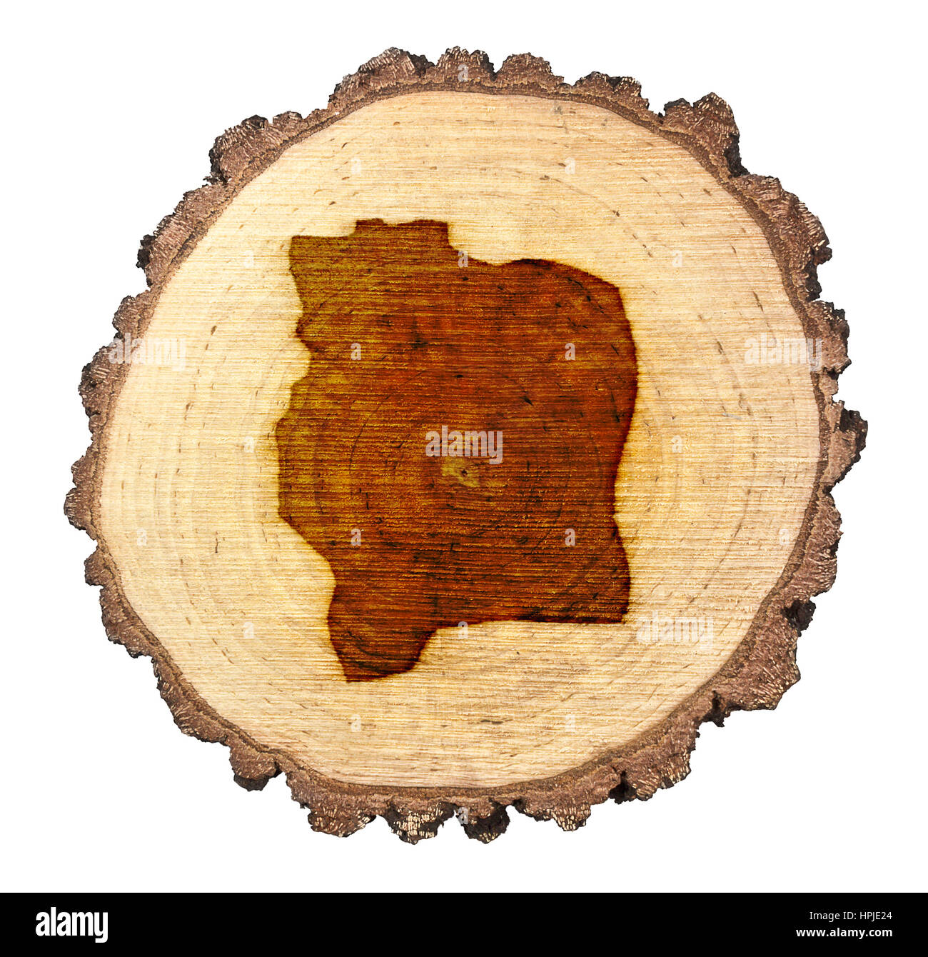 Una fetta di legno di quercia e la forma della Costa d'Avorio sulla marca .(serie) Foto Stock