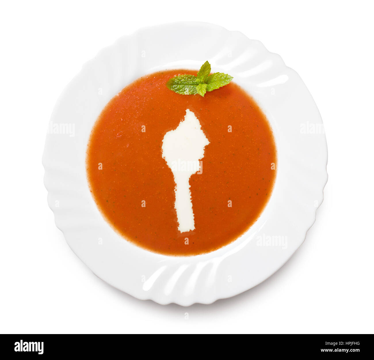 Un piatto di zuppa di pomodoro con la crema di latte in forma di Benin.(serie) Foto Stock