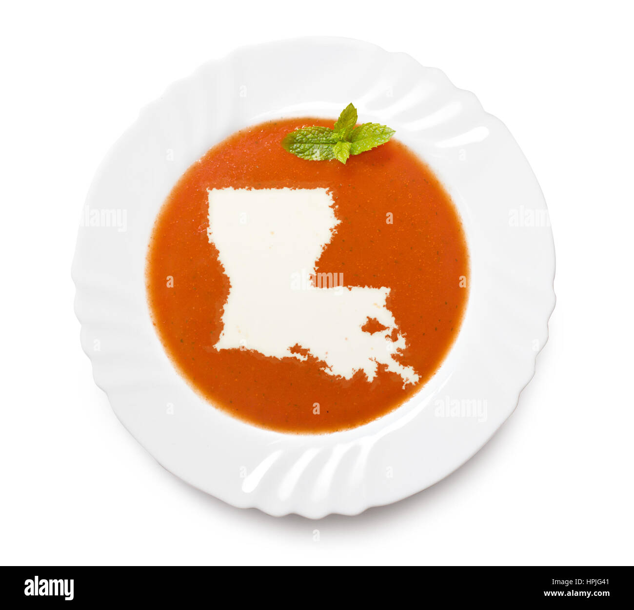 Un piatto di zuppa di pomodoro con la crema di latte in forma di Louisiana.(serie) Foto Stock