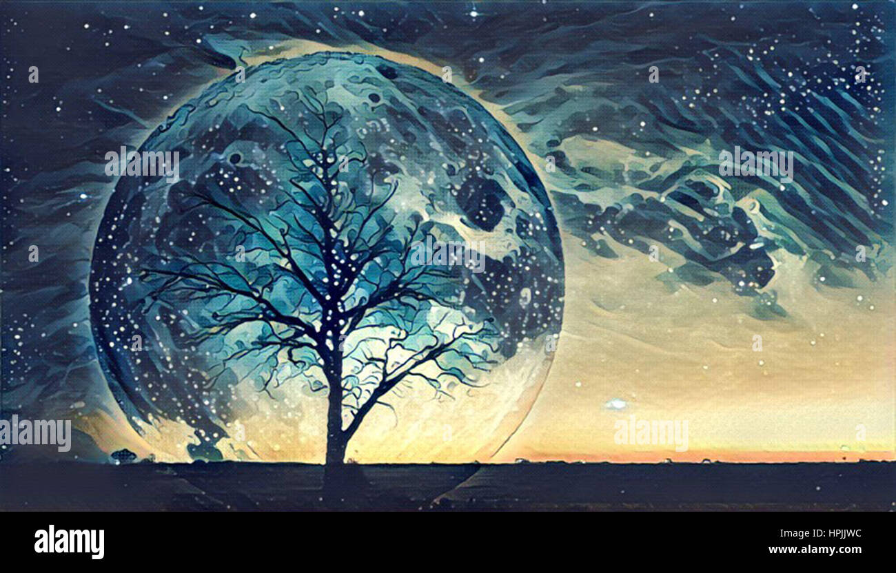 Paesaggio di fantasia Illustrazione illustrazione - solitario albero nudo  silhouette con enorme pianeta che sorge dietro di esso e Galaxy nel cielo.  Gli elementi di questa immagine di un Foto stock - Alamy