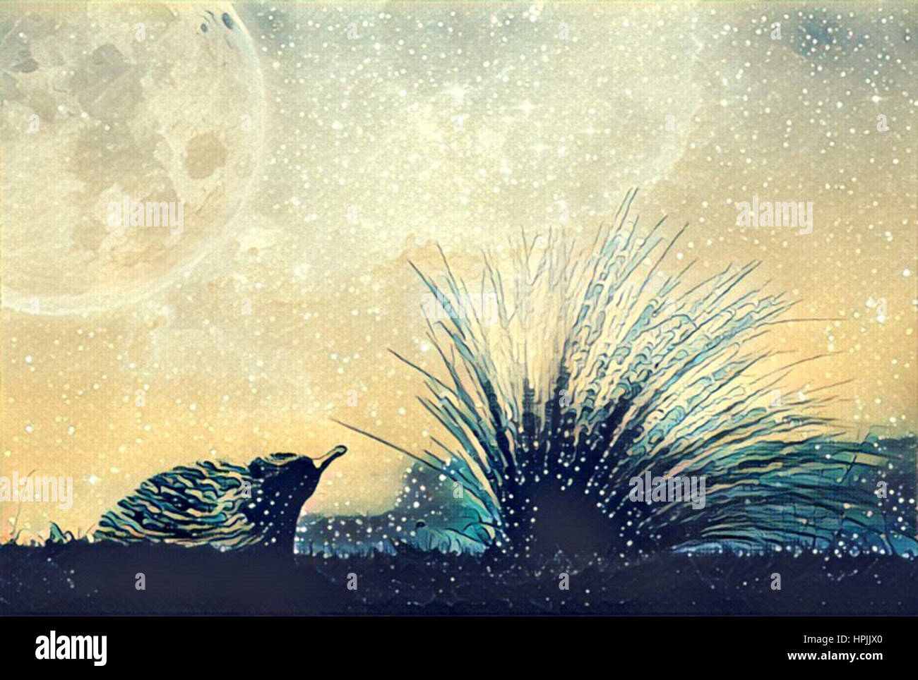 Illustrazione Fantasy artwork - paesaggi alieni di echidna e Spiaggia di flessione di erba nel vento sotto il cielo stellato e grande pianeta Foto Stock