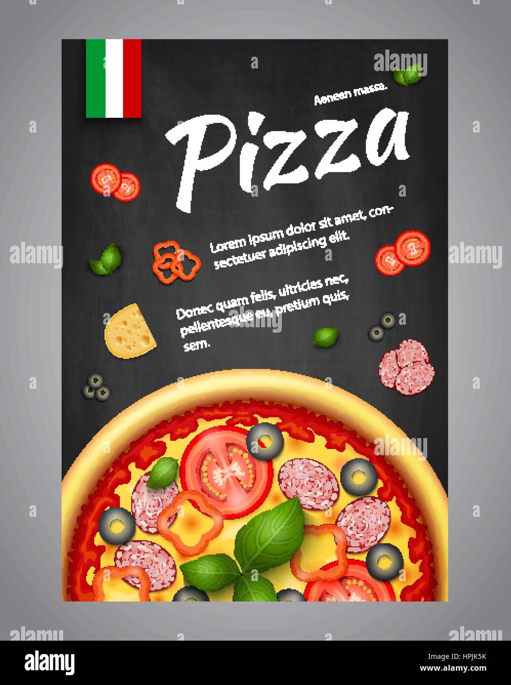 Pizza realistico Pizzeria flyer sfondo vettoriale. Verticale Pizza italiana poster con ingredienti e testo sulla lavagna Illustrazione Vettoriale
