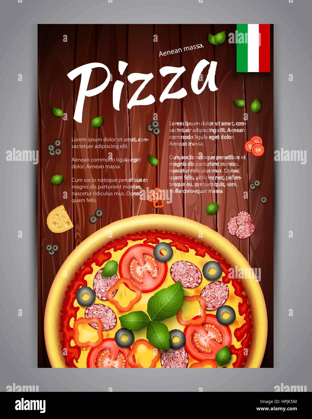 Pizza realistico Pizzeria flyer sfondo vettoriale. Verticale Pizza italiana poster con ingredienti e testo su sfondo di legno Illustrazione Vettoriale