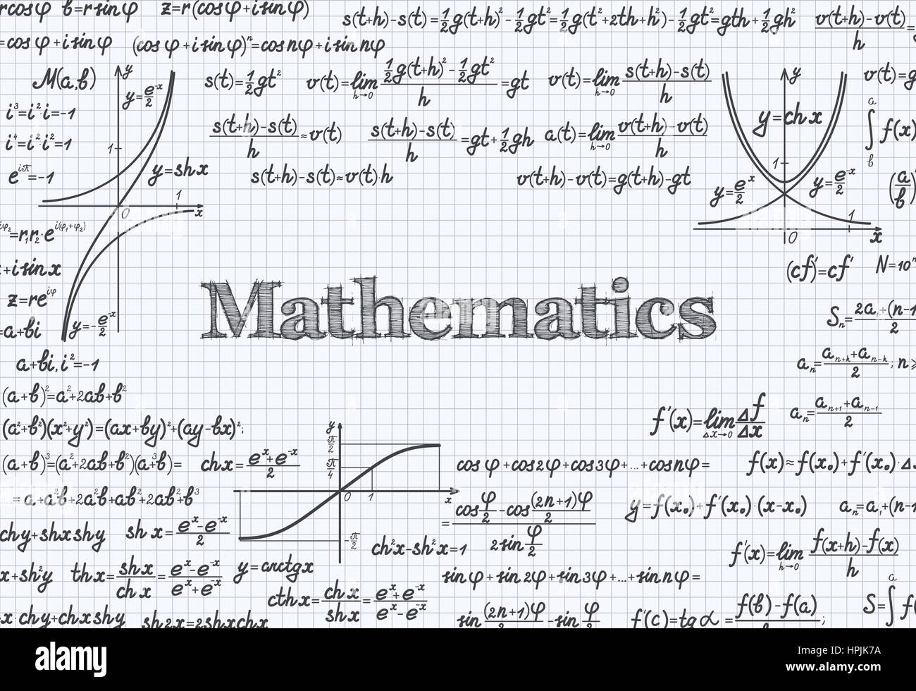 Vettore di matematica sullo sfondo del modello con le formule e le equazioni e figure, scritto in un notebook Illustrazione Vettoriale