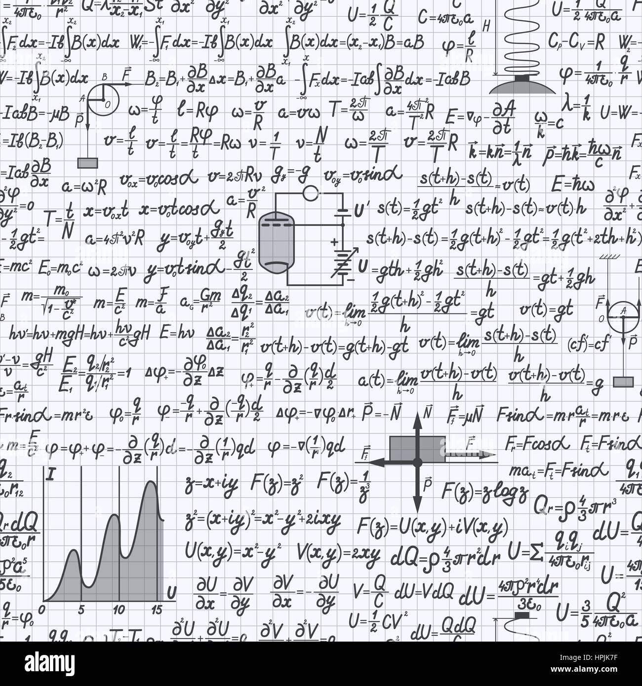 Vettore fisico seamless pattern sfondo con formule, equazioni e figure, scritto in un notebook Illustrazione Vettoriale
