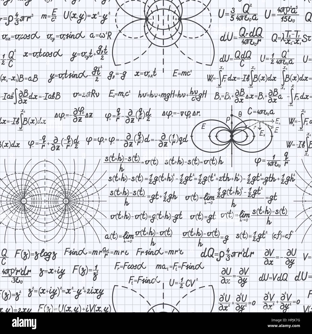 Vettore fisico seamless pattern sfondo con formule, equazioni e figure, scritto in un notebook Illustrazione Vettoriale