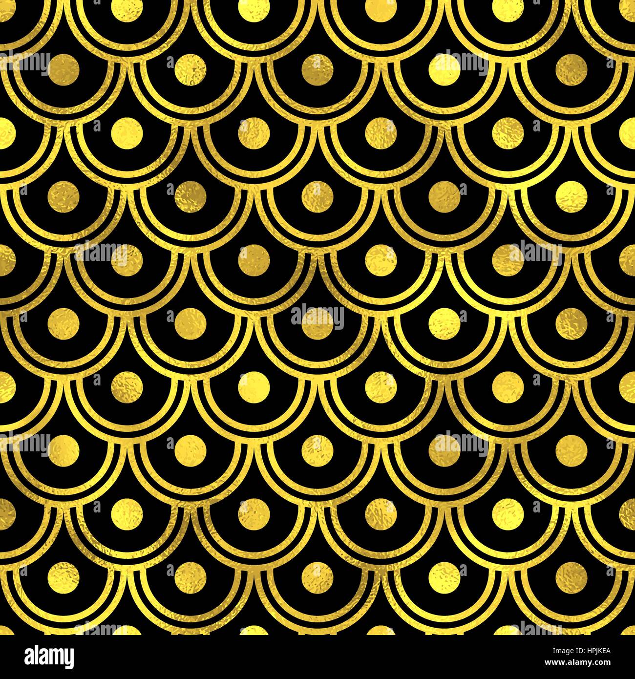 Abstract seamless pattern scalato con scale dorate. Vector art deco sfondo di moda, oro su blach orientali ornamento senza giunture Illustrazione Vettoriale