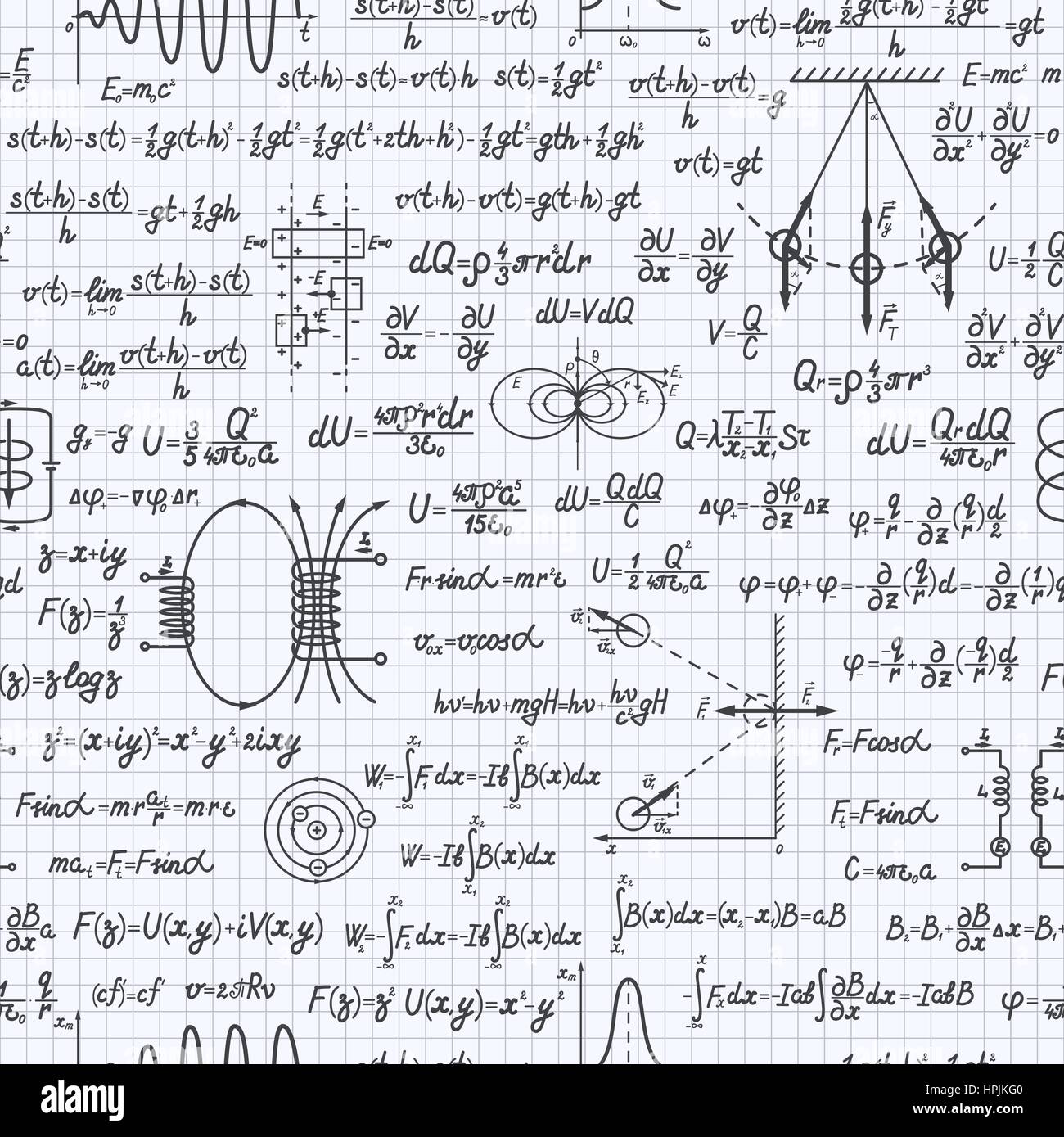 Vettore fisico seamless pattern con formule, equazioni e figure, scritta a mano su un foglio quadrato di notebook Illustrazione Vettoriale