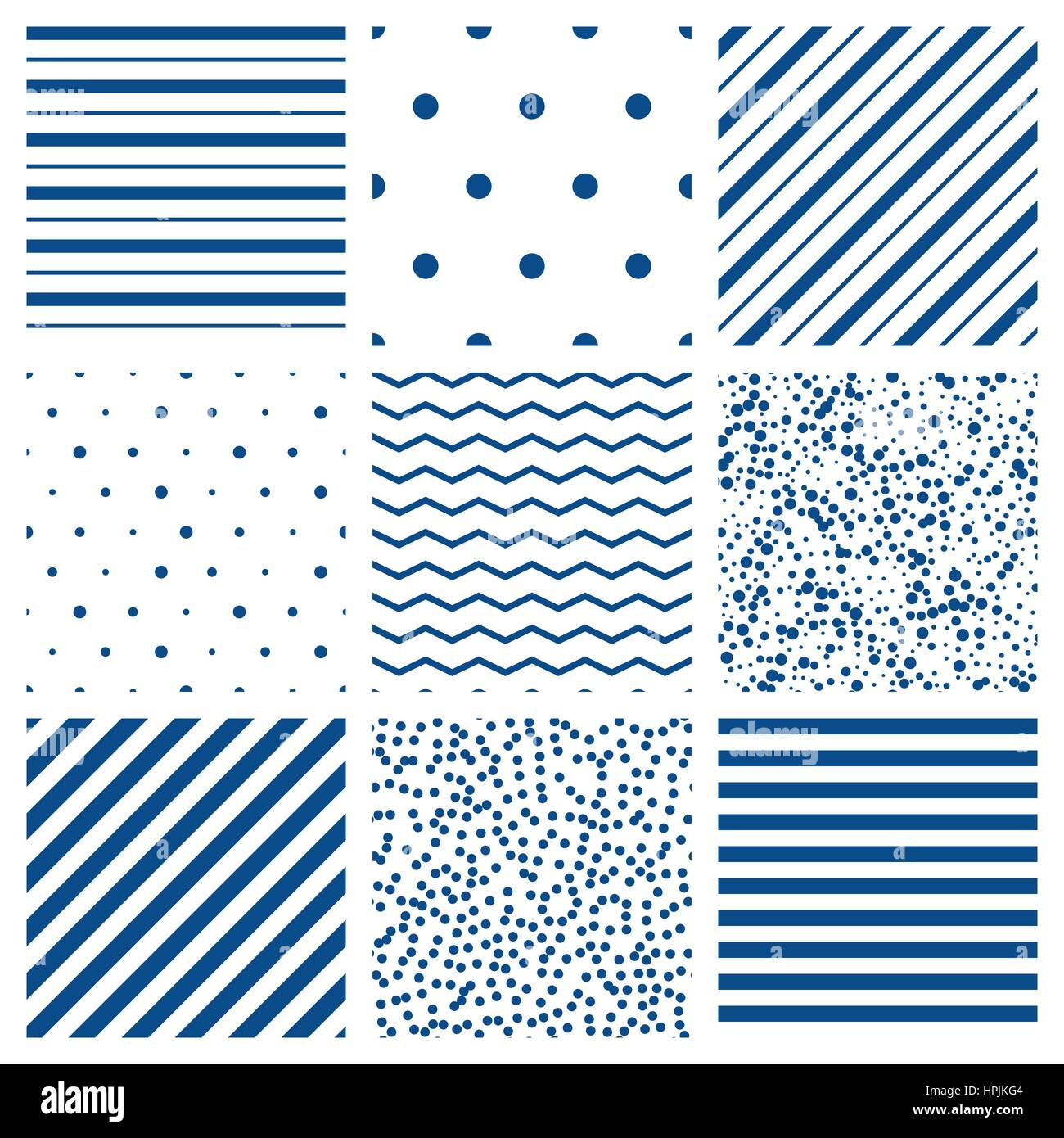 Seamless pattern set di vettore. Geometrica astratta senza giunture set di sfondo. I modelli con cerchi, righe e pois ornamento blu Illustrazione Vettoriale