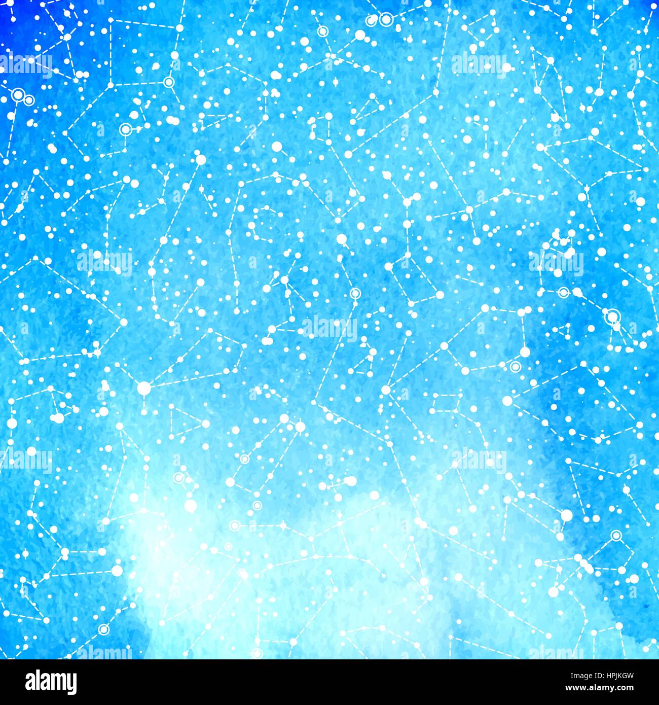 Luce di vettore blu modello astronomico con costellazioni su disegnati a mano carta acquerello grano sfondo testurizzata Illustrazione Vettoriale