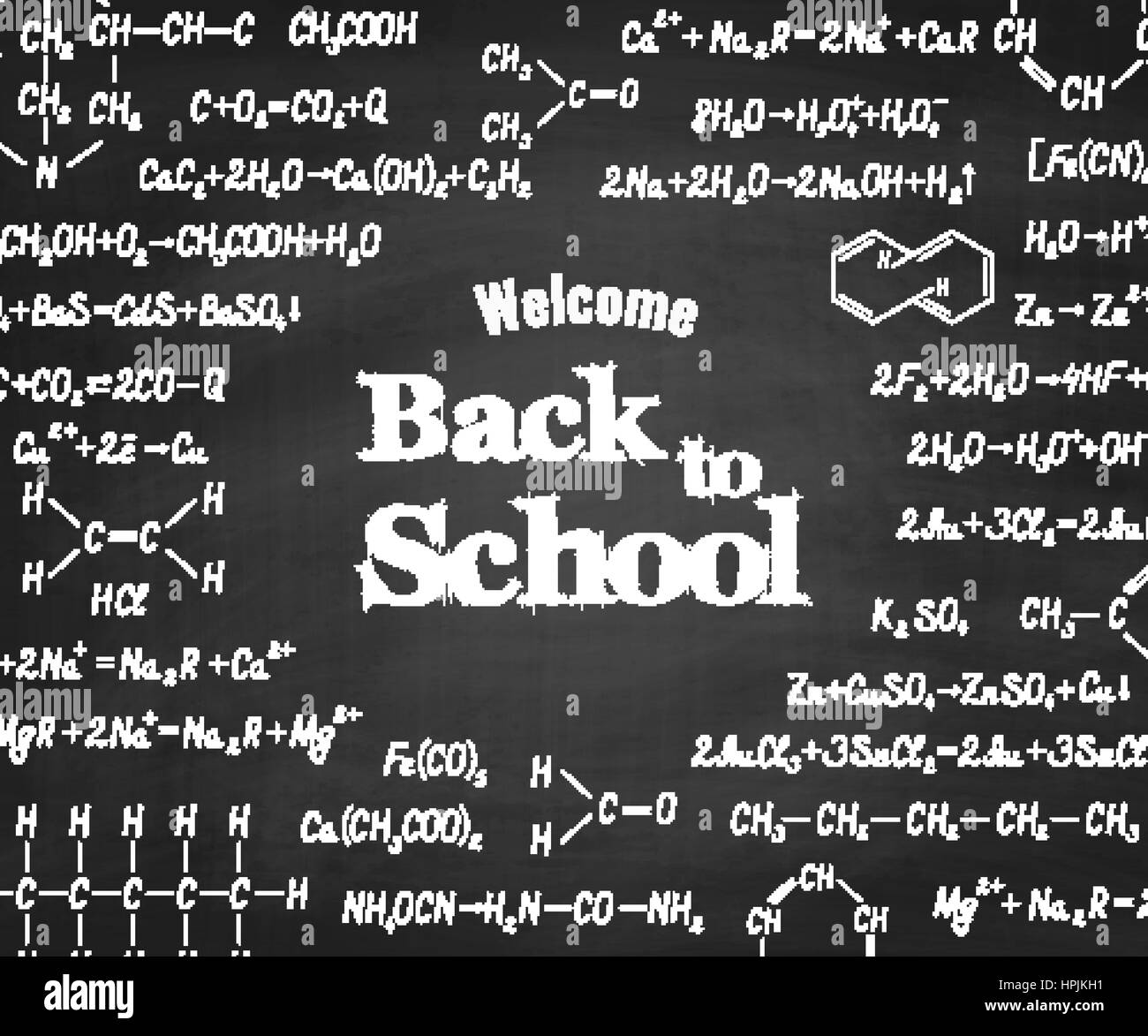 Benvenuti torna a scuola con le formule chimiche e figura sulla scuola di blackboard sullo sfondo. Scuola Educazione chimica vettore sfondo testurizzata Illustrazione Vettoriale