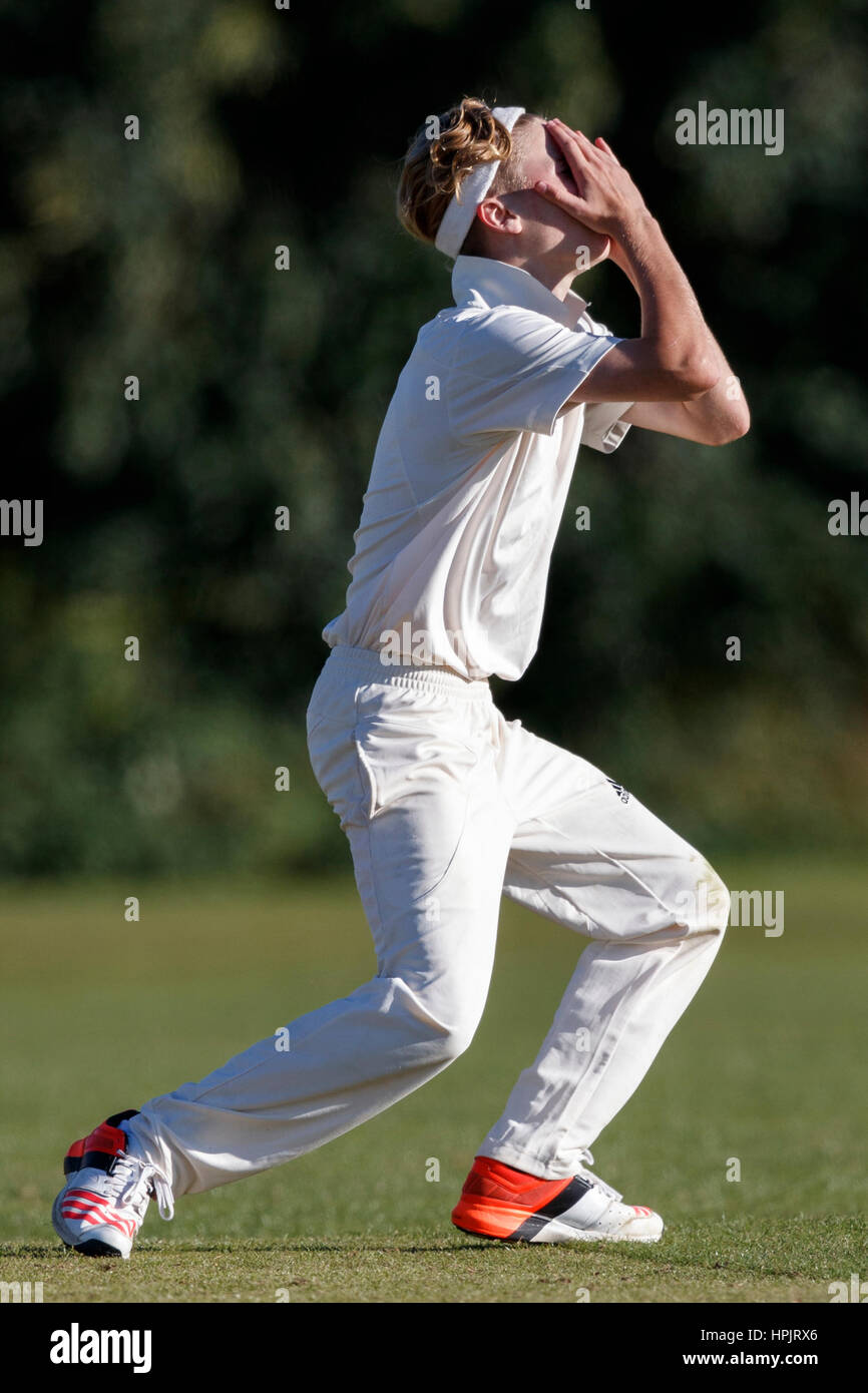 Marnhull CC 1XI vs Stalbridge CC 2a XI, Sabato, 13 Agosto, 2016 - Dorset - Inghilterra. Bowler in azione. Foto Stock