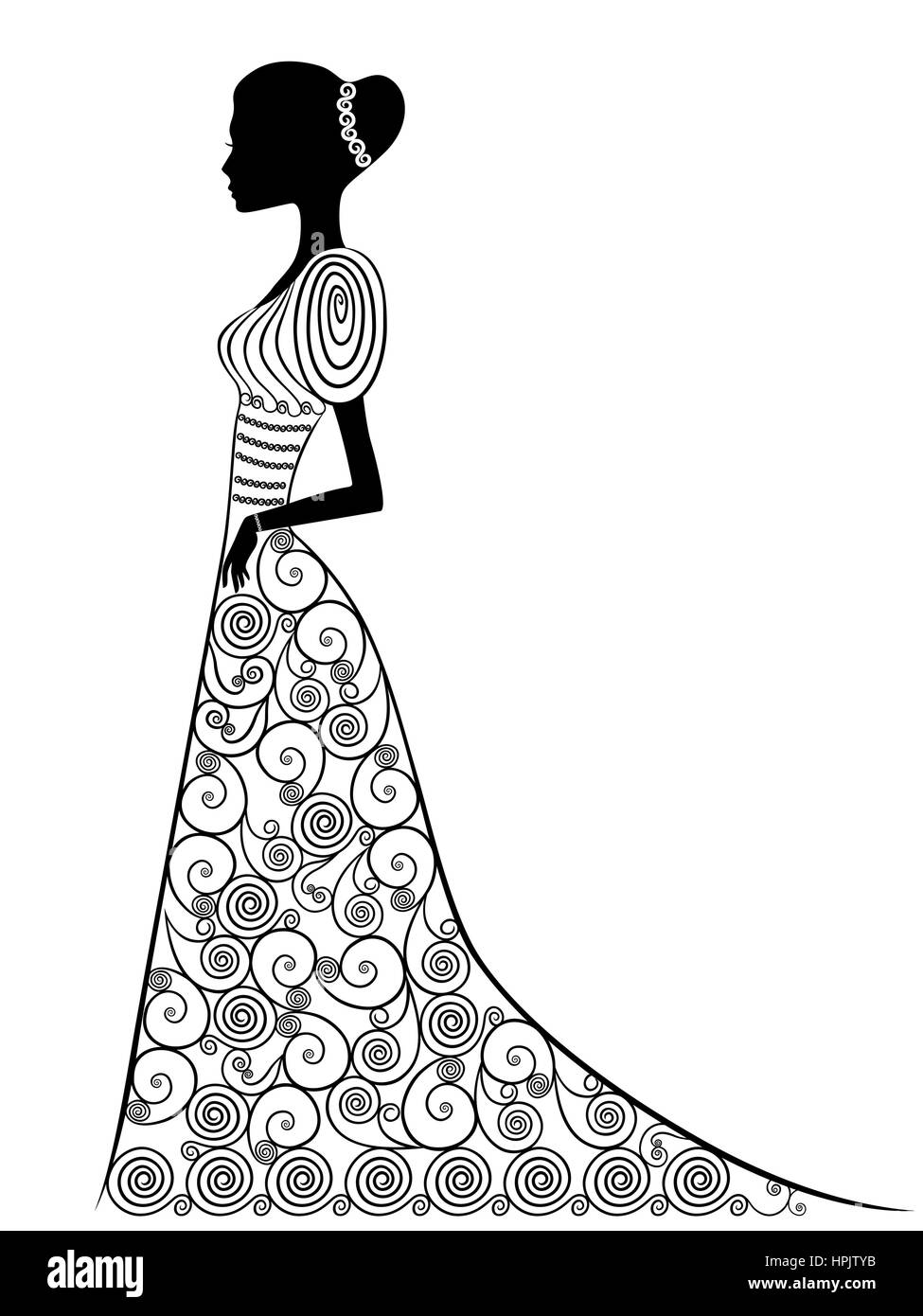 Bella Signora grazioso in stile vittoriano lungo abito ornamentali isolata su uno sfondo bianco, mano annegare illustrazione vettoriale Illustrazione Vettoriale