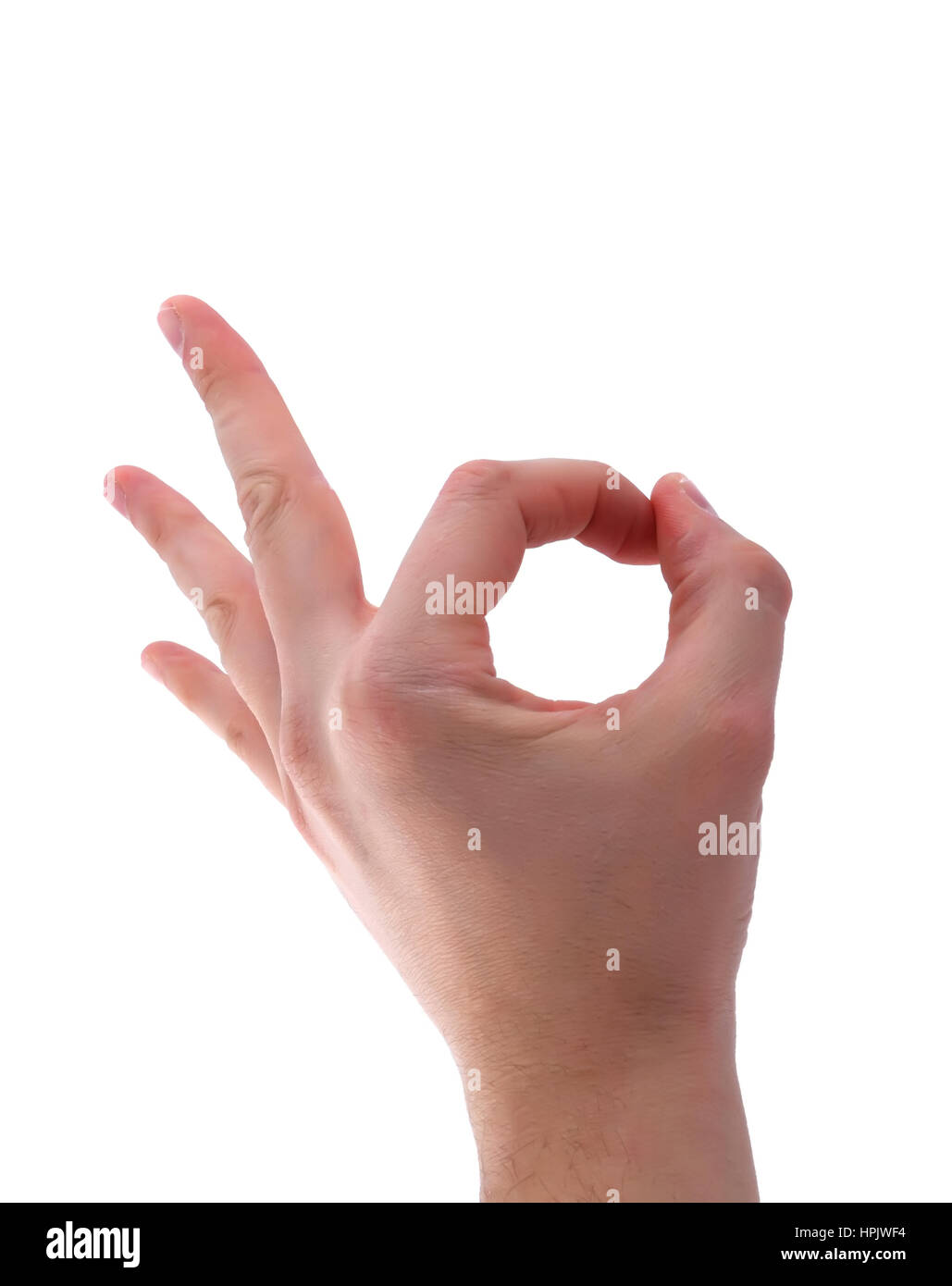 Segno ok con la mano isolati su sfondo bianco Foto Stock