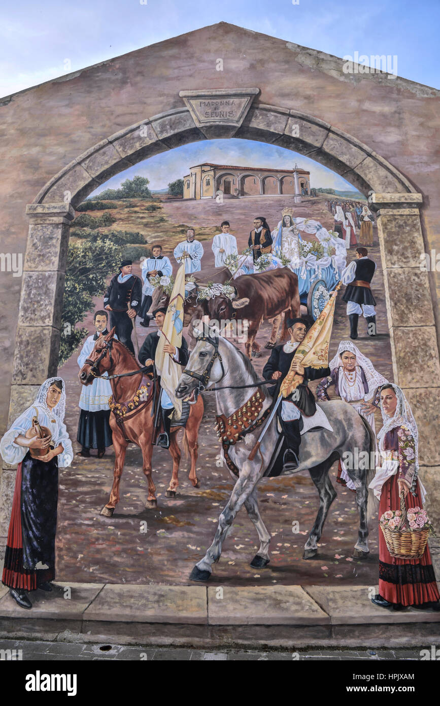 Sarda pittura murale, murale, processione, Thieri, Sardegna, Italia Foto Stock