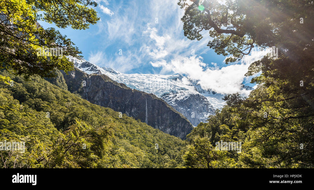 Cascata, Rob Roy ghiacciaio, montare gli aspiranti National Park, Otago Southland, Nuova Zelanda Foto Stock