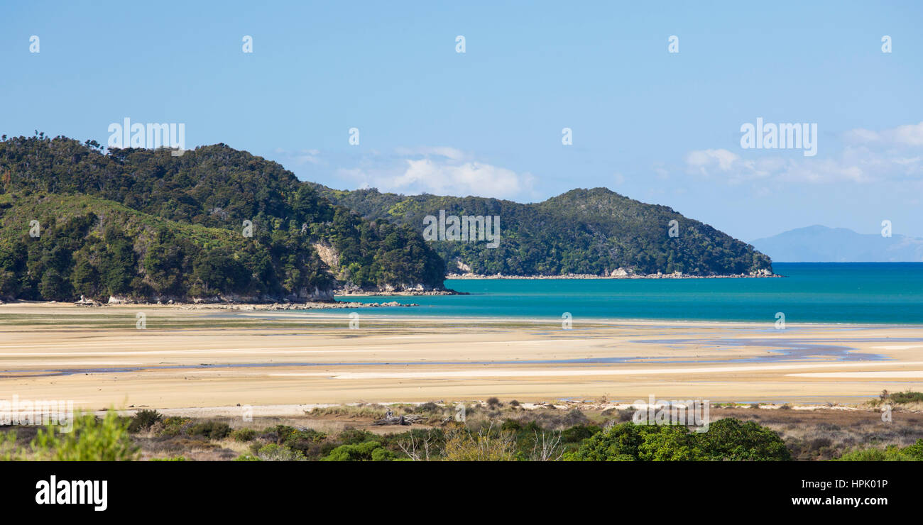 Marahau, Tasmania, Nuova Zelanda. Una vista panoramica a bassa marea attraverso il Sandy Bay per la costa del Parco Nazionale di Abel Tasman. Foto Stock
