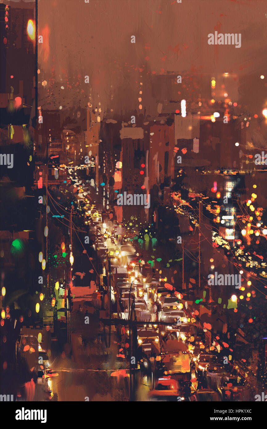 Vista aerea del paesaggio urbano di notte con luce colorata, illustrazione pittura Foto Stock
