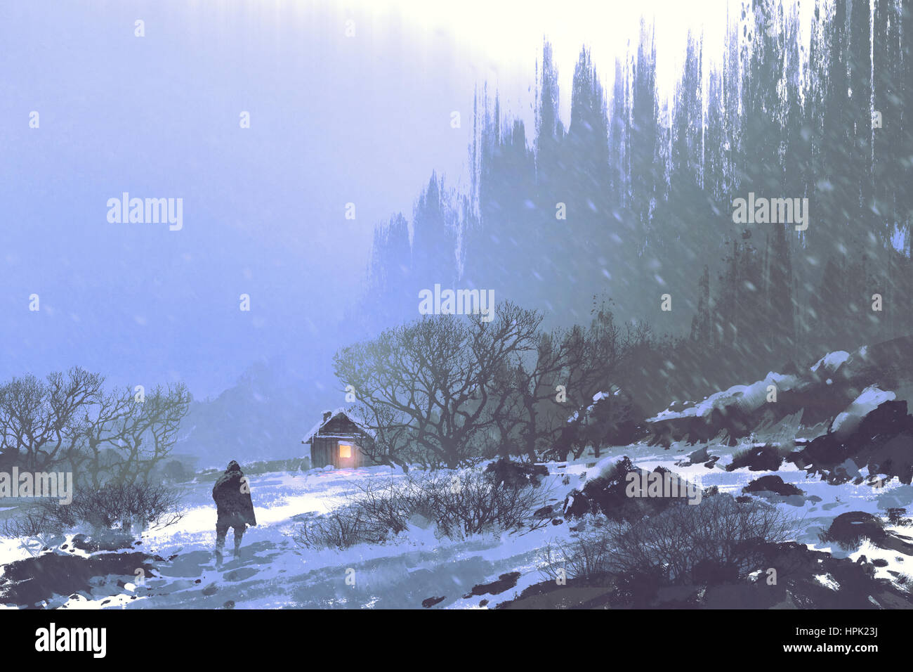 Paesaggio invernale con la tempesta di neve e di un uomo che cammina per la casa in legno,illustrazione pittura Foto Stock