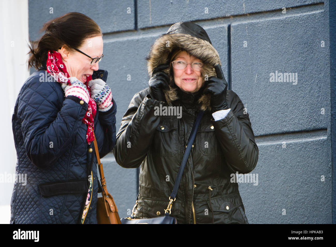 Aberystwyth, Wales, Regno Unito. Il 23 febbraio, 2017. Regno Unito: Meteo come venti di tempesta Doris rafforzare, pedoni lotta a camminare per le strade di Aberystwyth questa mattina. Tempesta violenta forza 11 si avvolge, con raffiche fino a 90mph sono previsioni per parti del Galles del Nord e a nord-ovest Inghilterra, con il rischio di danni alla proprietà e di gravi perturbazioni per viaggiare Storm Doris è il quarto denominato storm dell'inverno ed è stato classificato come un "meteo bomba' (esplosiva cyclogenesis) dal Met Office Photo credit: Keith Morris /Alamy Live News Foto Stock