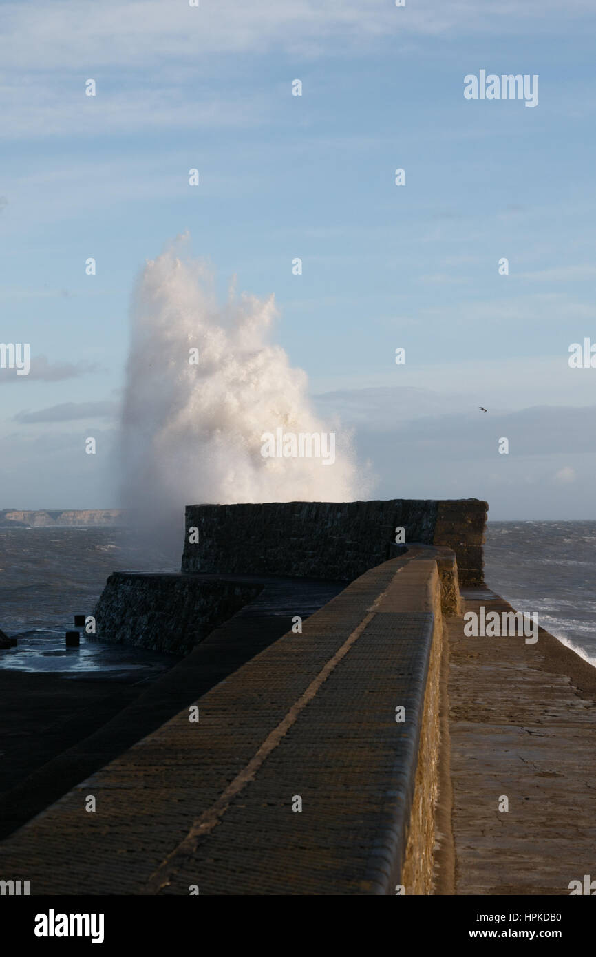 Porthcawl, South Wales, Regno Unito. Il 23 febbraio, 2017. Tempesta Doris. Onde enormi pound Porthcawl, come vento fino a 100mph influenzano il paese. Credito: Andrew Bartlett/Alamy Live News Foto Stock