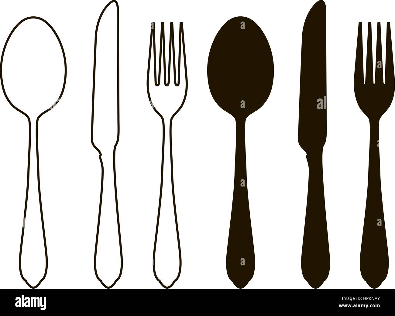 Impostazione tabella, stoviglie. Posate, set di forchetta, cucchiaio e il coltello. Silhouette illustrazione vettoriale Illustrazione Vettoriale