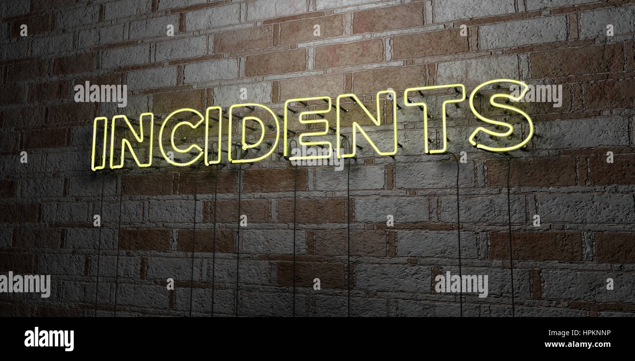 Incidenti - incandescente insegna al neon sulla parete in muratura - 3D reso Royalty free stock illustrazione. Possono essere utilizzati per gli annunci tramite banner on line di altezza e direct mailer. Foto Stock