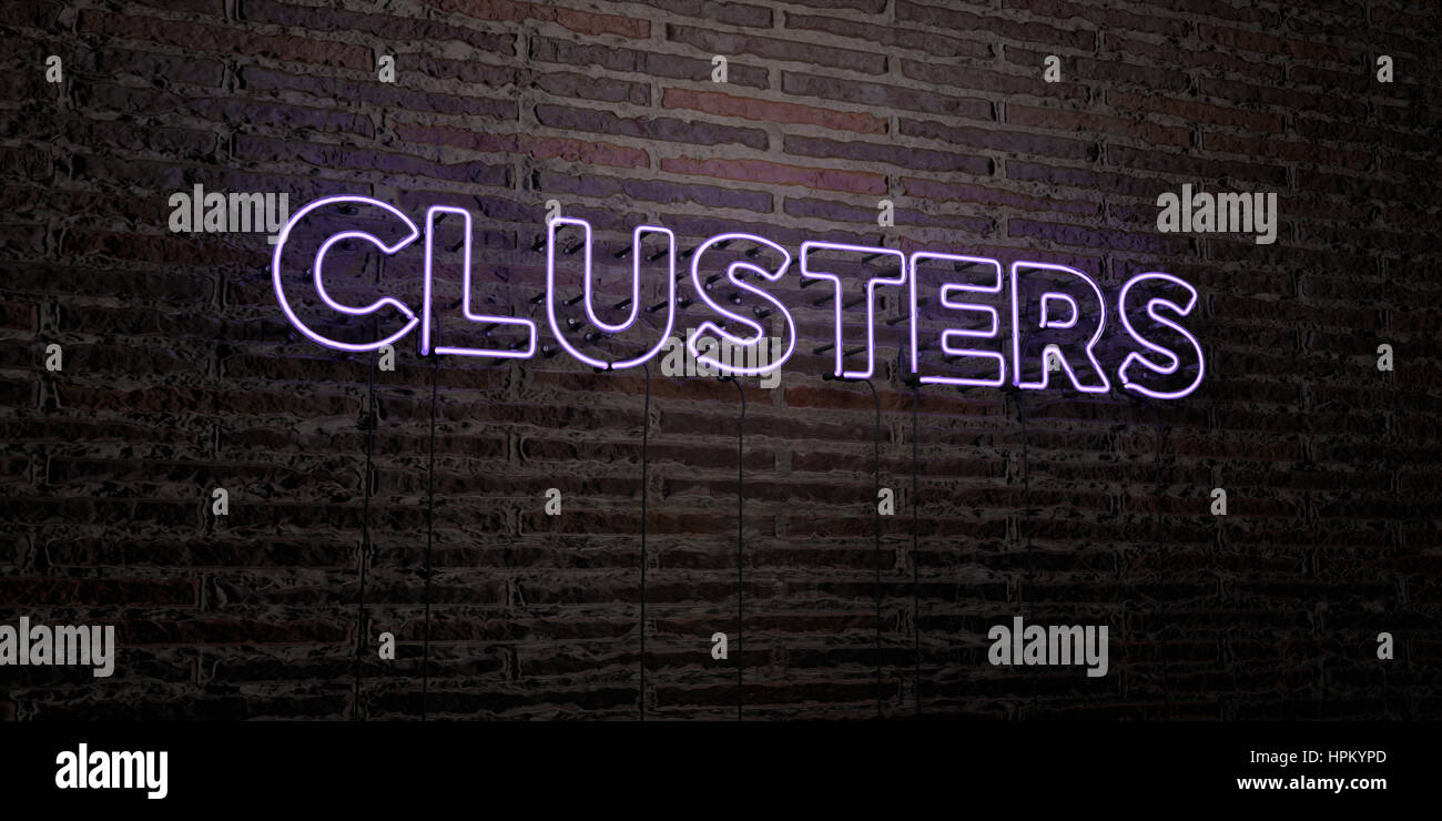 CLUSTERS -realistico segno al Neon su un muro di mattoni di sfondo - 3D reso Royalty free stock foto. Possono essere utilizzati per gli annunci tramite banner on line di altezza e direct mailer. Foto Stock