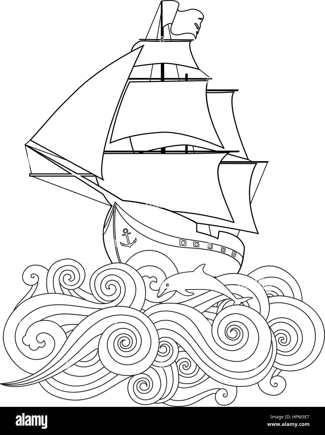 Immagine di contorno della nave in onda in zentangle ispirata doodle style isolato su bianco. Composizione verticale. Illustrazione Vettoriale