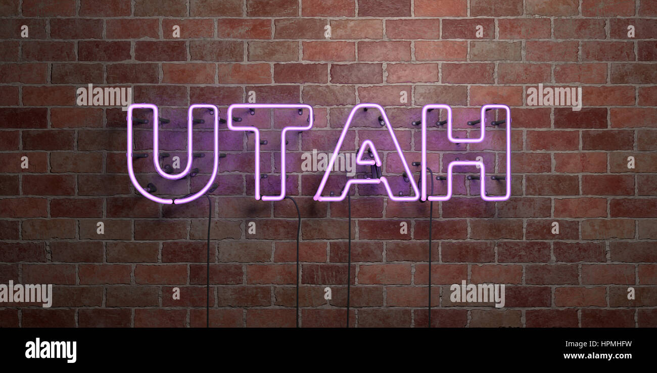 UTAH - fluorescente tubo al Neon Sign su cotto - Vista frontale - 3D reso Royalty free stock foto. Possono essere utilizzati per gli annunci tramite banner on line di altezza e direct mai Foto Stock