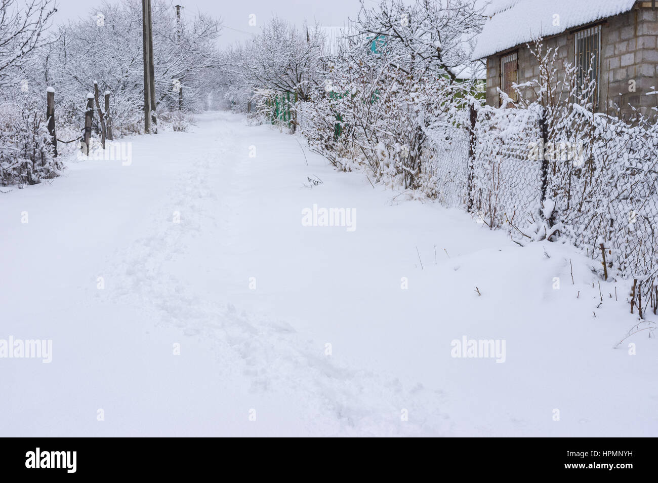 Paesaggio invernale con il percorso nella neve profonda su una strada del piccolo villaggio ucraino. Foto Stock
