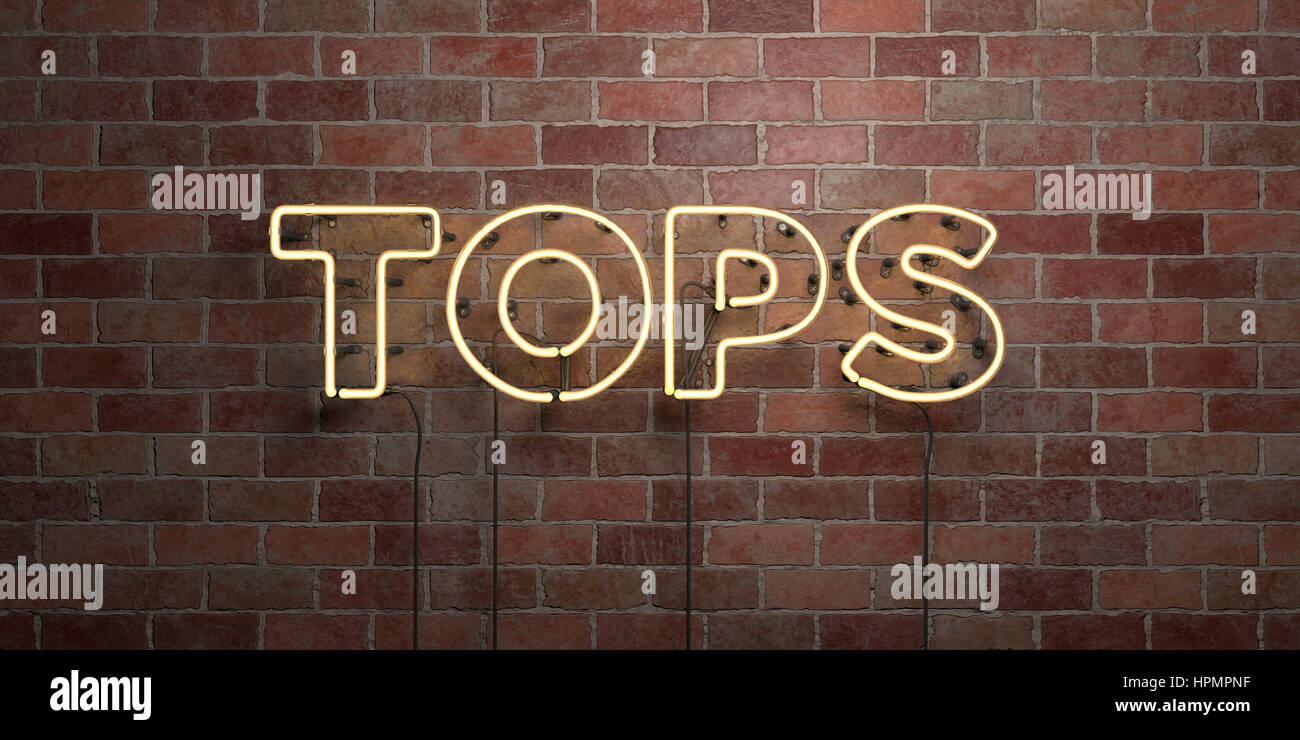 TOPS - fluorescente tubo al Neon Sign su cotto - Vista frontale - 3D reso Royalty free stock foto. Possono essere utilizzati per gli annunci tramite banner on line di altezza e direct mai Foto Stock
