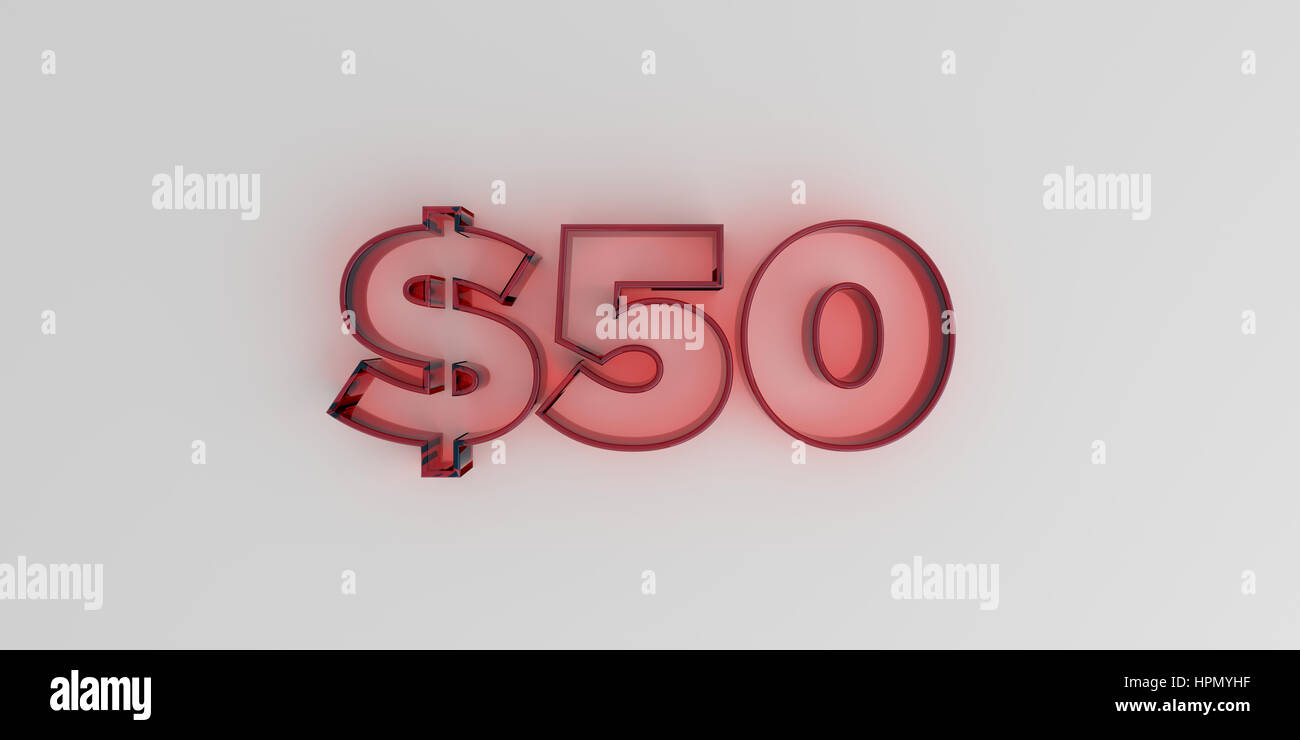 $50 - vetro rosso il testo su sfondo bianco - 3D reso Royalty free stock foto. Foto Stock