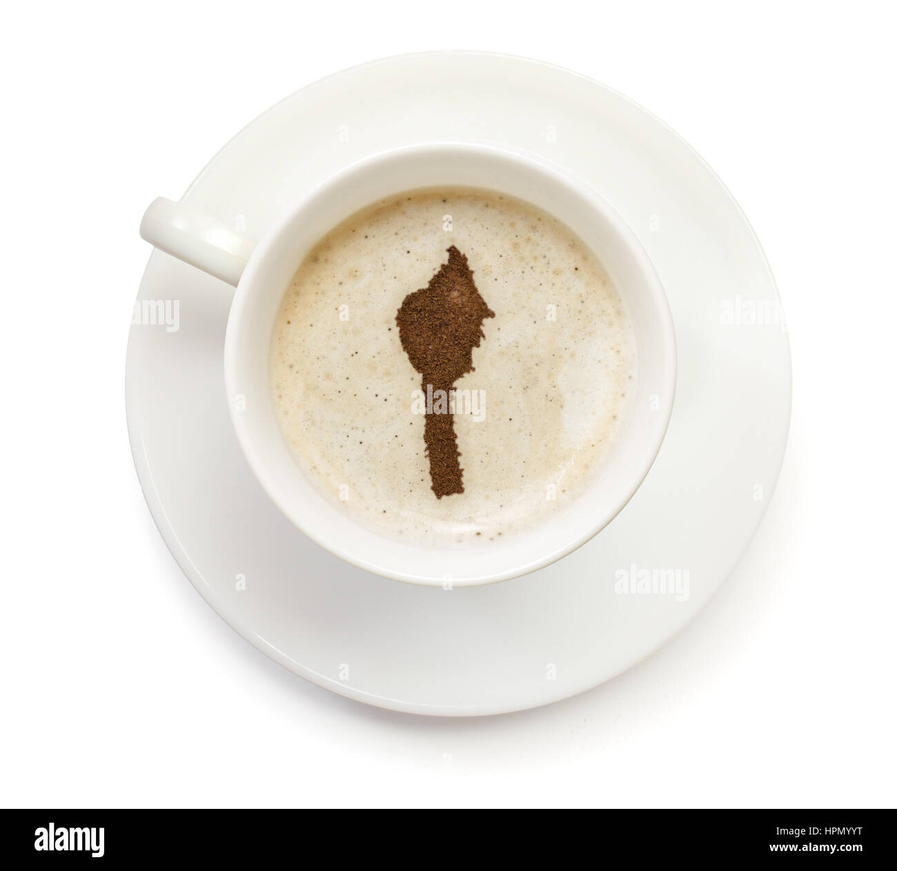 Una tazza di caffè con la schiuma e la polvere in forma di Benin.(serie) Foto Stock