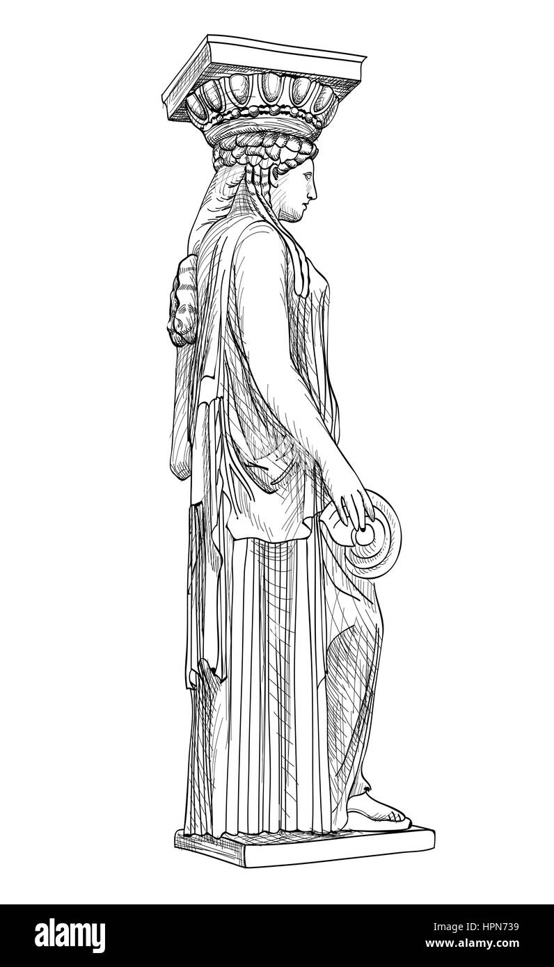 Caryatides squlpture. pantheon colonna, Atene, Grecia. mano bozzetto isolato illustrazione vettoriale. Illustrazione Vettoriale