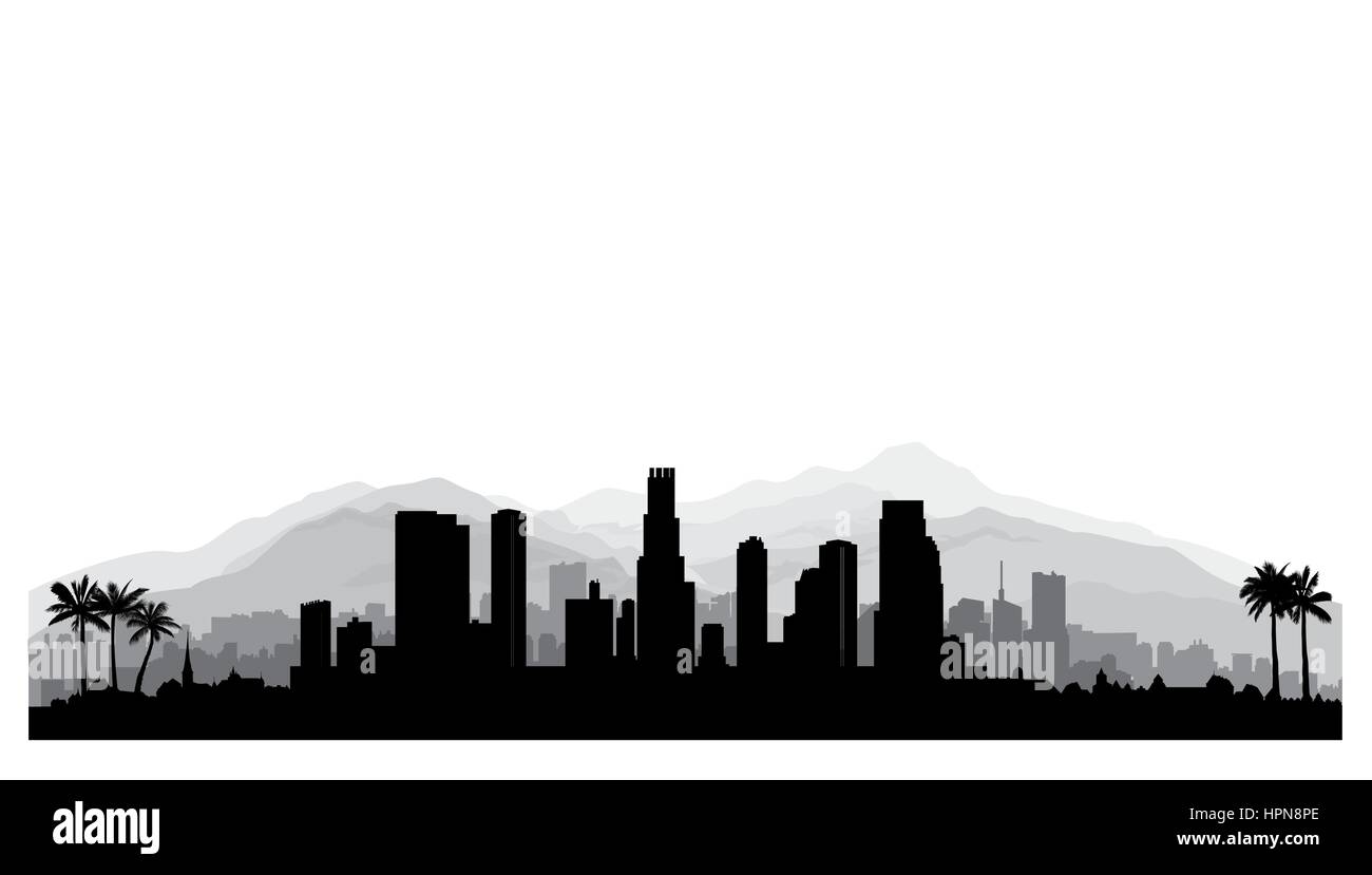 Los Angeles, Stati Uniti d'America skyline. città silhouette con edifici grattacielo, montagne e palme. cityscape con famosi punti di riferimento americano. urban archita Illustrazione Vettoriale