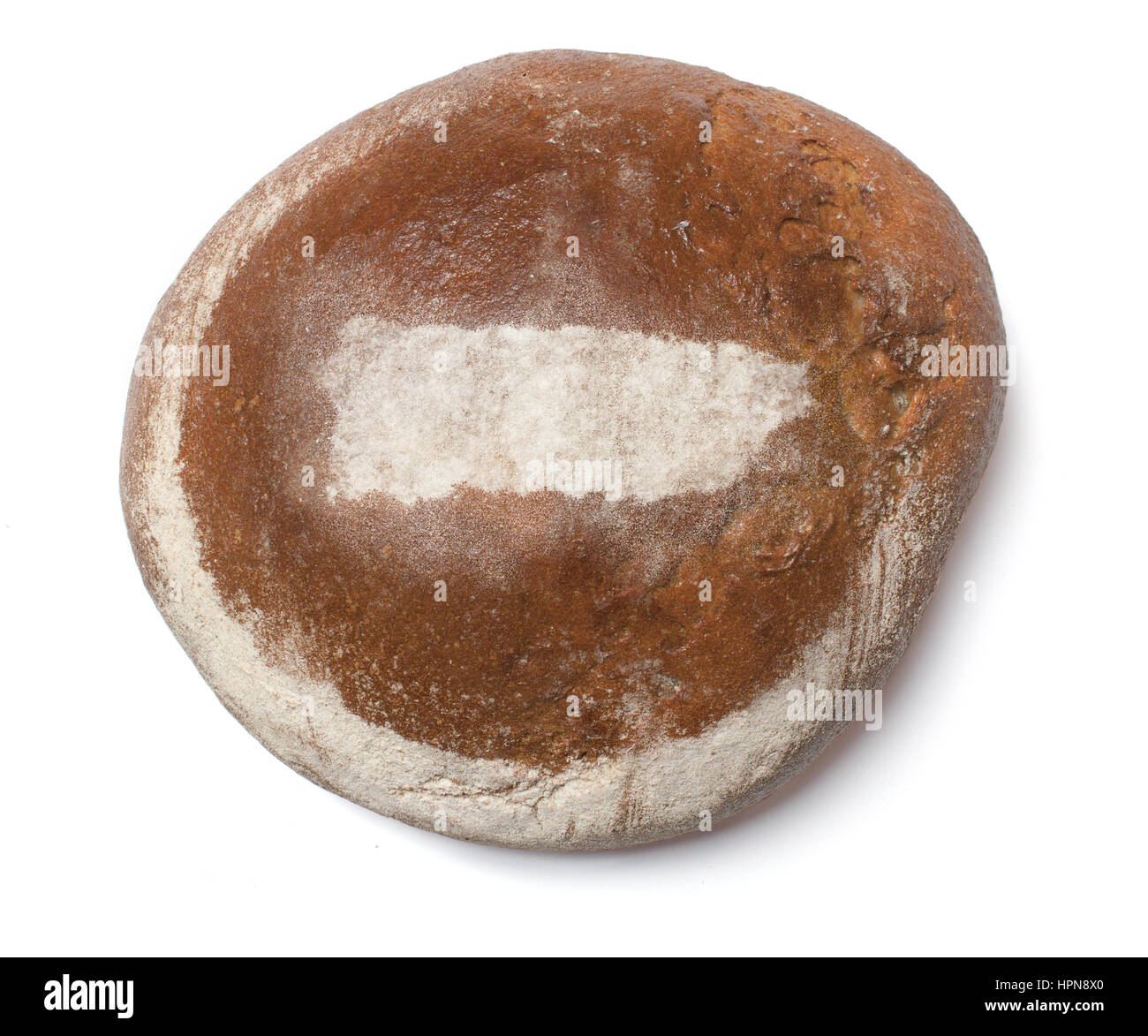 Un pane appena sfornato pagnotta di pane ricoperte con la farina di segale in forma di Puerto Rico.(serie) Foto Stock