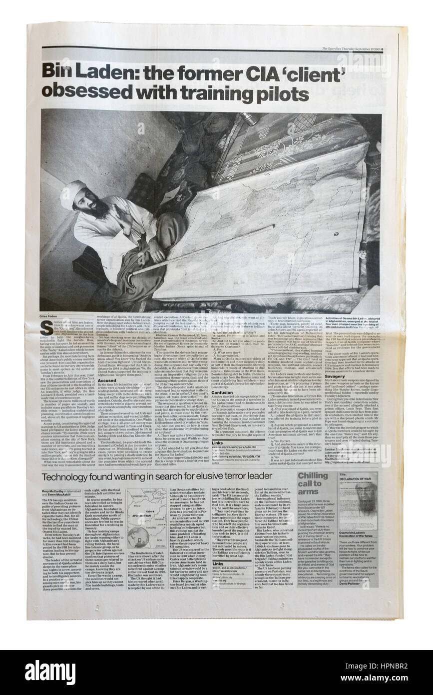 Un articolo del Guardian su Osama Bin Laden dopo l'11 settembre su New York City Foto Stock