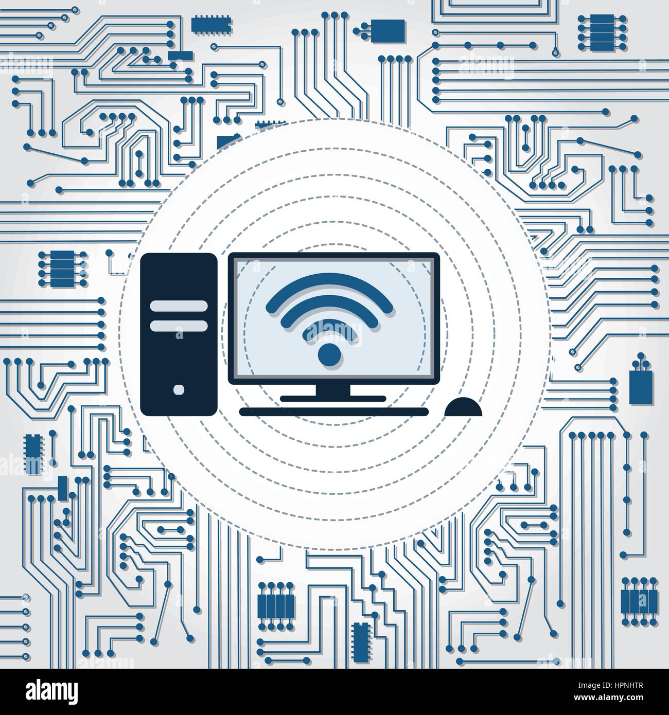 Il circuito elettronico dello sfondo con un PC con connessione wireless. Illustrazione Vettoriale