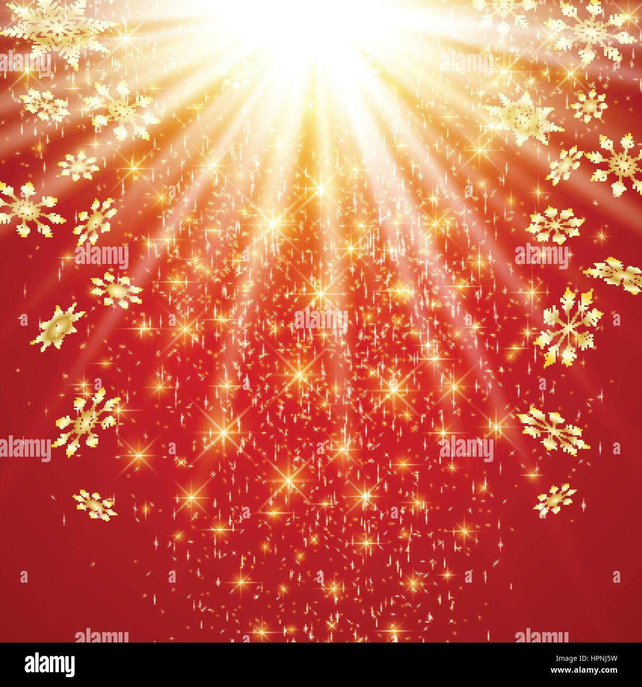 Natale e Felice Anno Nuovo su sfondo rosso con fiocchi di neve d'oro . Illustrazione Vettoriale Illustrazione Vettoriale